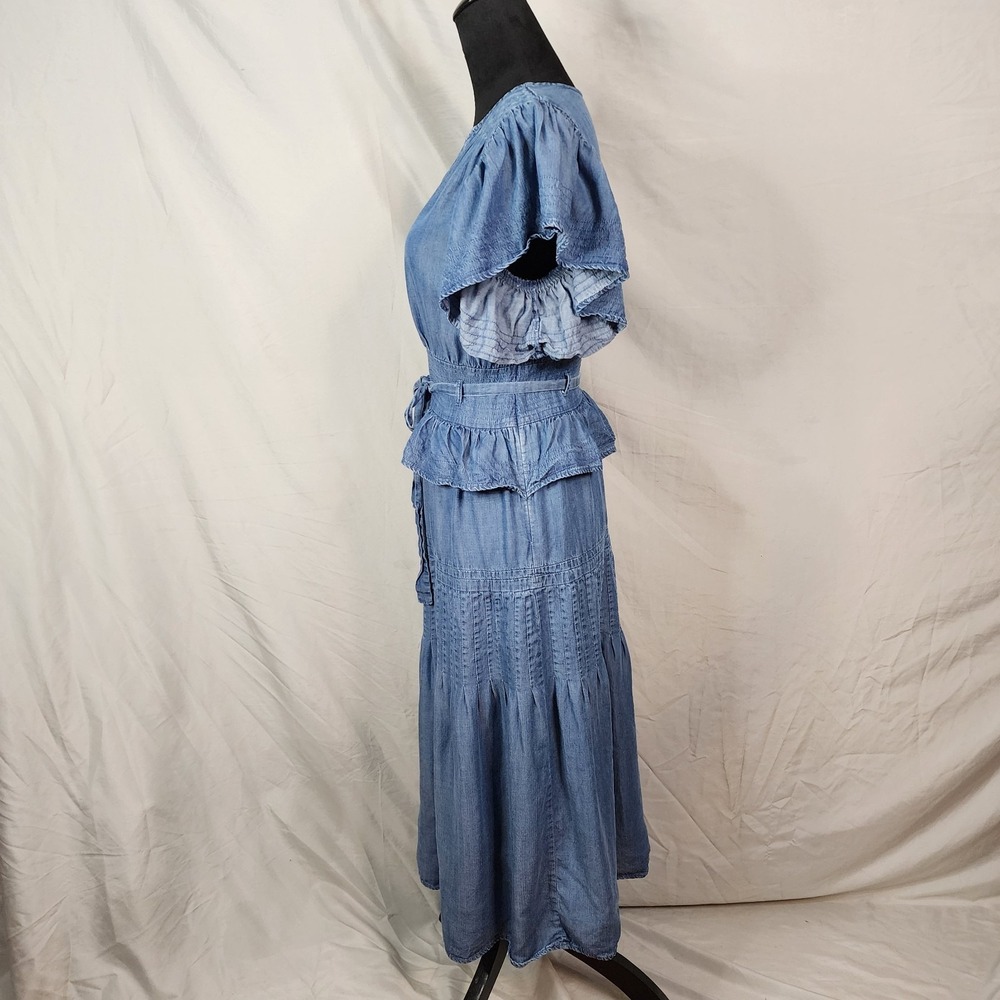 WISHLIST APPAREL Size Small Blu Chambray Denim Ruffled Flutter Sleeve Midi Dress - Picture 10 of 16